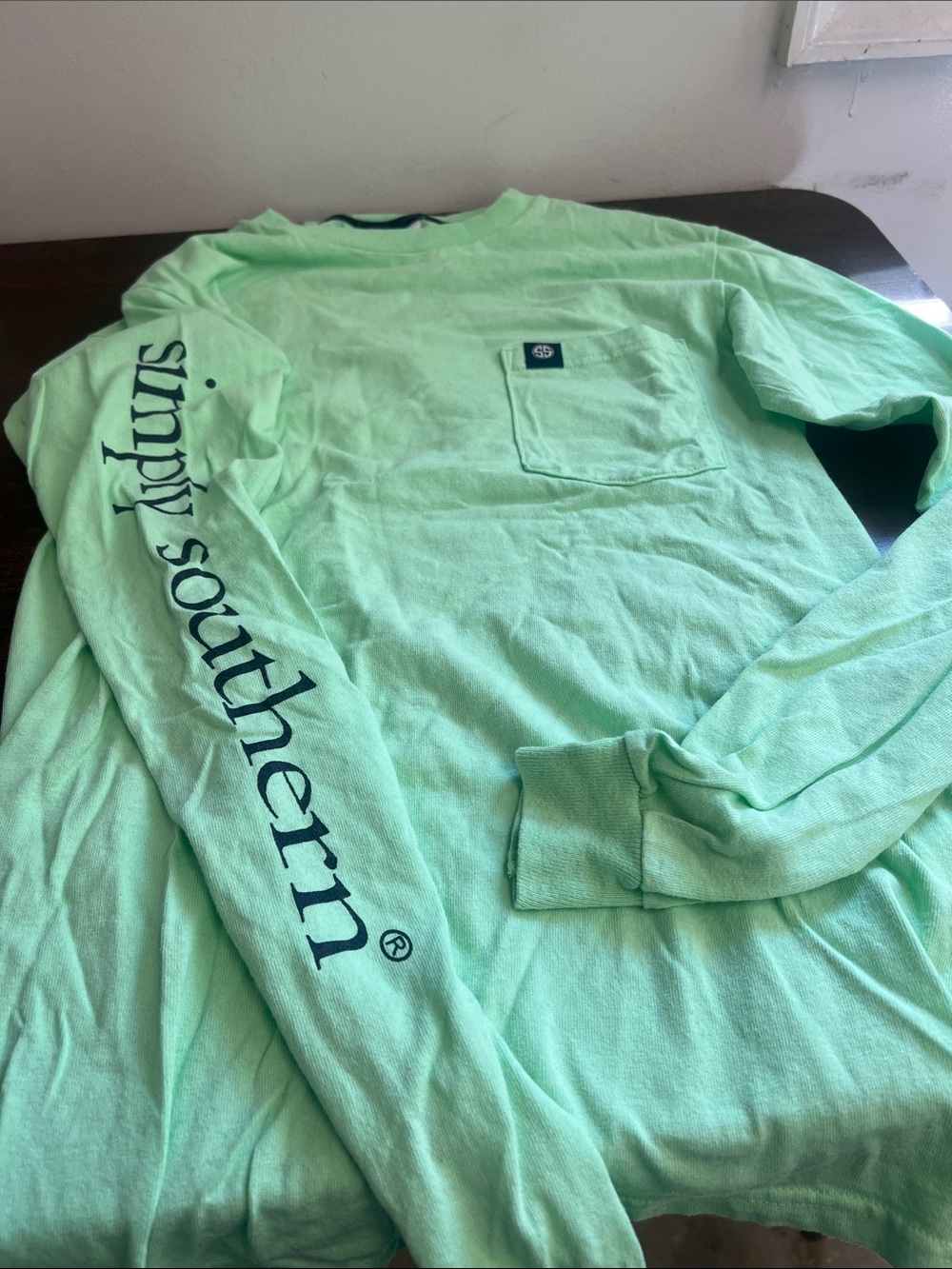 Simply Southern Long Sleeve Pocket Tee in Mint Green with Navy Sleeve Logo